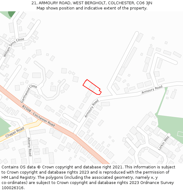 21, ARMOURY ROAD, WEST BERGHOLT, COLCHESTER, CO6 3JN: Location map and indicative extent of plot