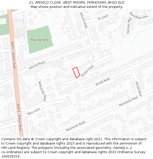 21, ARNOLD CLOSE, WEST MOORS, FERNDOWN, BH22 0LD: Location map and indicative extent of plot