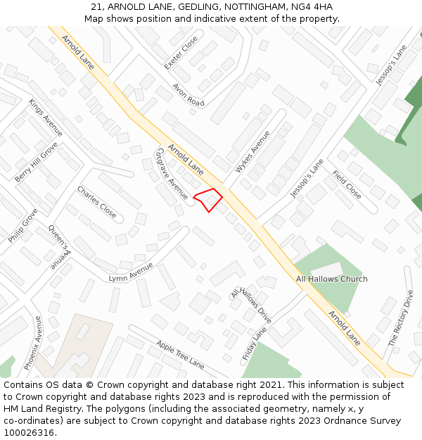 21, ARNOLD LANE, GEDLING, NOTTINGHAM, NG4 4HA: Location map and indicative extent of plot