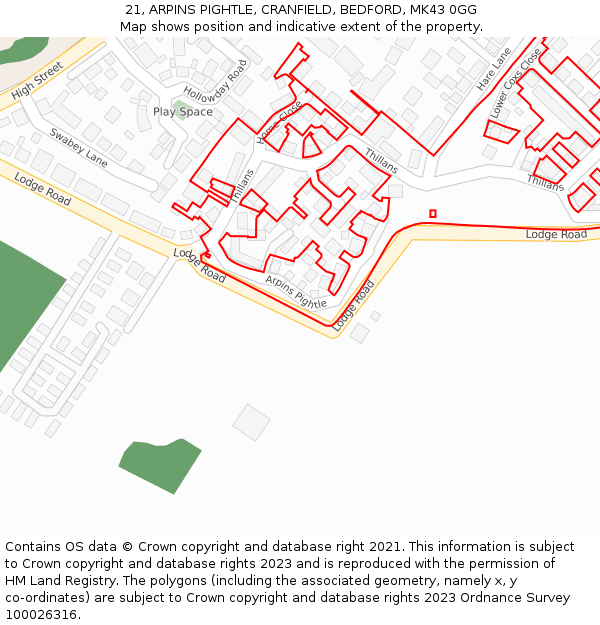 21, ARPINS PIGHTLE, CRANFIELD, BEDFORD, MK43 0GG: Location map and indicative extent of plot