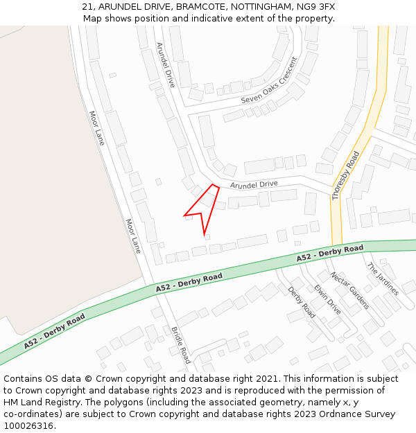 21, ARUNDEL DRIVE, BRAMCOTE, NOTTINGHAM, NG9 3FX: Location map and indicative extent of plot