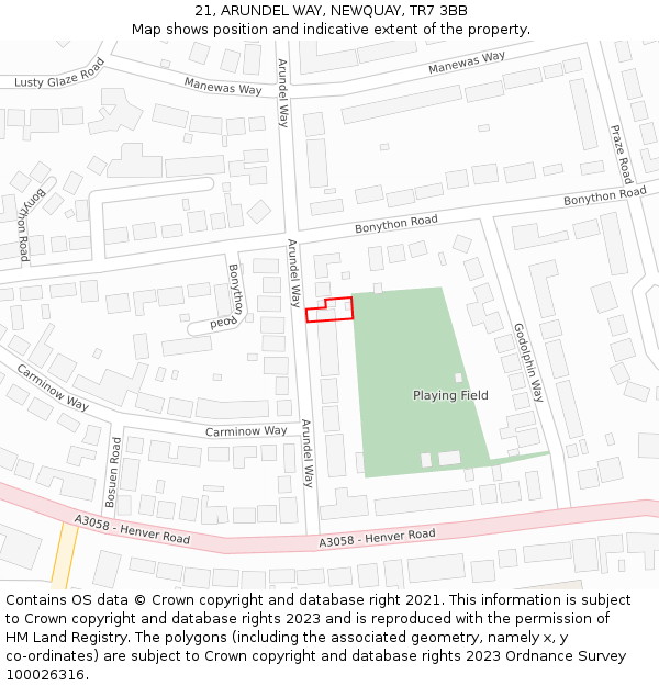 21, ARUNDEL WAY, NEWQUAY, TR7 3BB: Location map and indicative extent of plot
