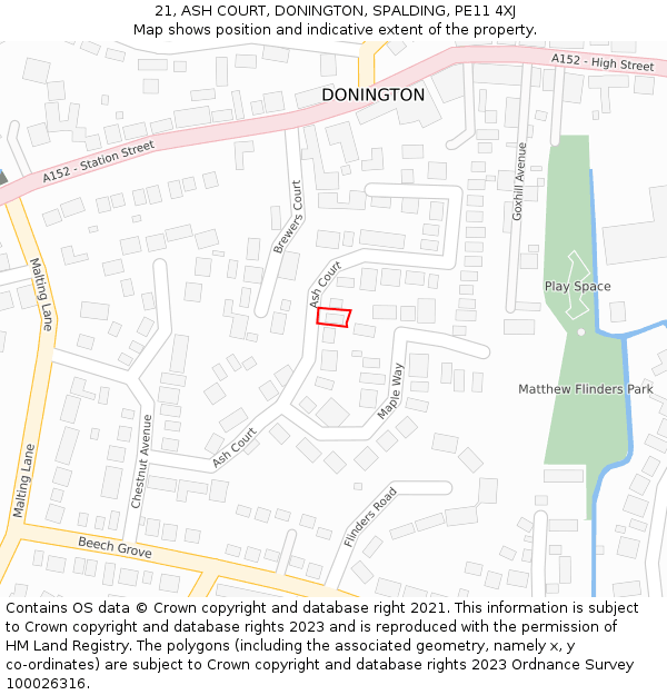 21, ASH COURT, DONINGTON, SPALDING, PE11 4XJ: Location map and indicative extent of plot