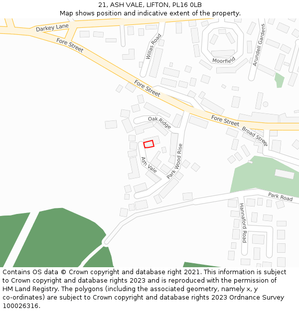 21, ASH VALE, LIFTON, PL16 0LB: Location map and indicative extent of plot