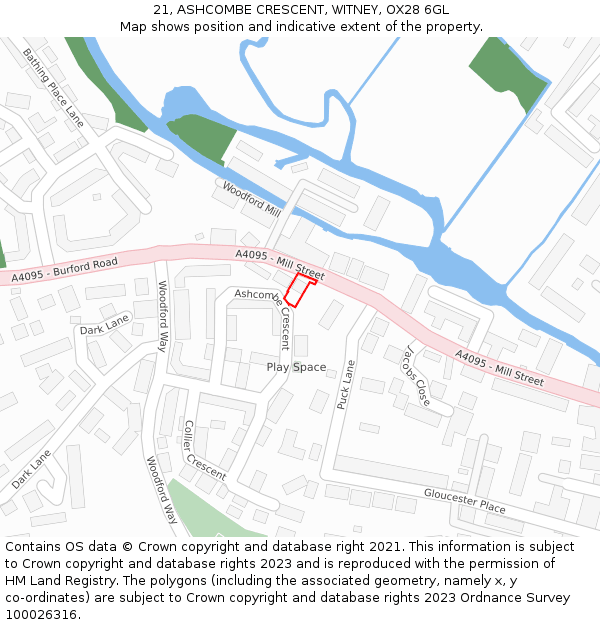 21, ASHCOMBE CRESCENT, WITNEY, OX28 6GL: Location map and indicative extent of plot