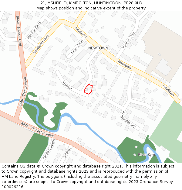 21, ASHFIELD, KIMBOLTON, HUNTINGDON, PE28 0LD: Location map and indicative extent of plot