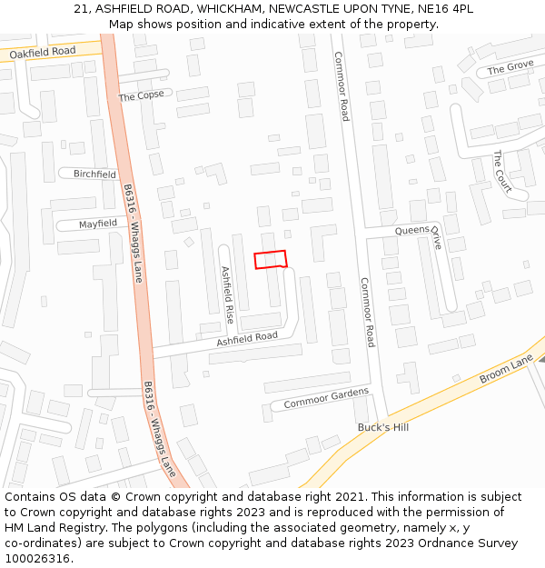 21, ASHFIELD ROAD, WHICKHAM, NEWCASTLE UPON TYNE, NE16 4PL: Location map and indicative extent of plot