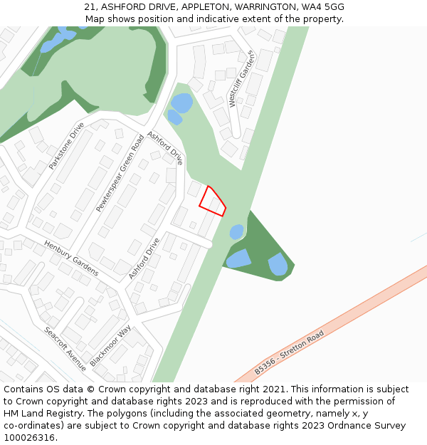 21, ASHFORD DRIVE, APPLETON, WARRINGTON, WA4 5GG: Location map and indicative extent of plot