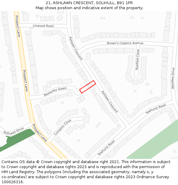 21, ASHLAWN CRESCENT, SOLIHULL, B91 1PR: Location map and indicative extent of plot