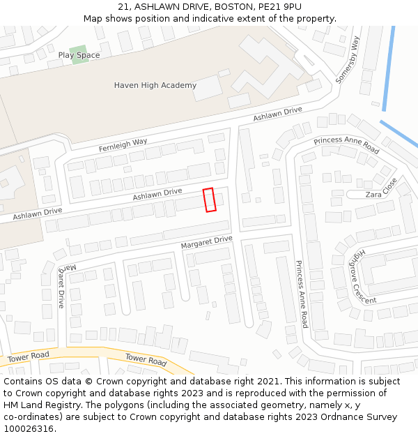 21, ASHLAWN DRIVE, BOSTON, PE21 9PU: Location map and indicative extent of plot