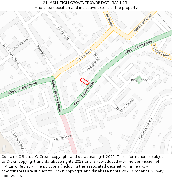 21, ASHLEIGH GROVE, TROWBRIDGE, BA14 0BL: Location map and indicative extent of plot