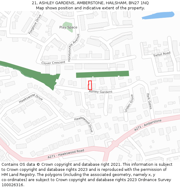 21, ASHLEY GARDENS, AMBERSTONE, HAILSHAM, BN27 1NQ: Location map and indicative extent of plot