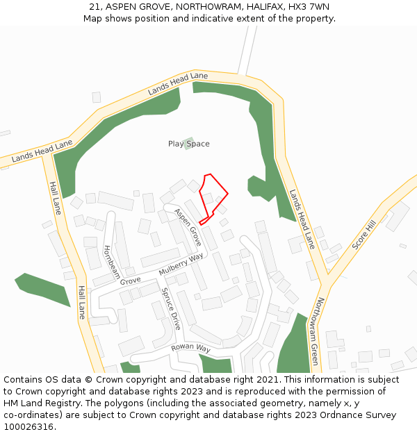 21, ASPEN GROVE, NORTHOWRAM, HALIFAX, HX3 7WN: Location map and indicative extent of plot