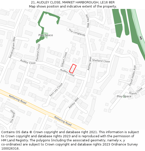 21, AUDLEY CLOSE, MARKET HARBOROUGH, LE16 8ER: Location map and indicative extent of plot