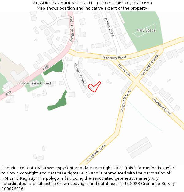 21, AUMERY GARDENS, HIGH LITTLETON, BRISTOL, BS39 6AB: Location map and indicative extent of plot