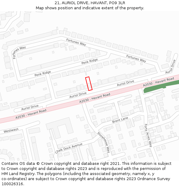 21, AURIOL DRIVE, HAVANT, PO9 3LR: Location map and indicative extent of plot