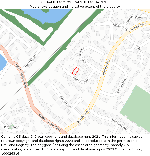 21, AVEBURY CLOSE, WESTBURY, BA13 3TE: Location map and indicative extent of plot