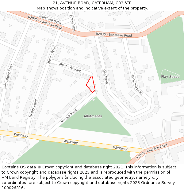 21, AVENUE ROAD, CATERHAM, CR3 5TR: Location map and indicative extent of plot