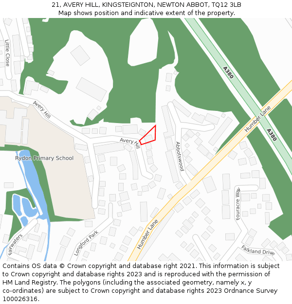 21, AVERY HILL, KINGSTEIGNTON, NEWTON ABBOT, TQ12 3LB: Location map and indicative extent of plot
