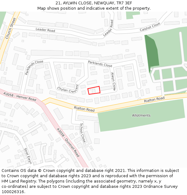 21, AYLWIN CLOSE, NEWQUAY, TR7 3EF: Location map and indicative extent of plot