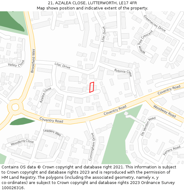 21, AZALEA CLOSE, LUTTERWORTH, LE17 4FR: Location map and indicative extent of plot