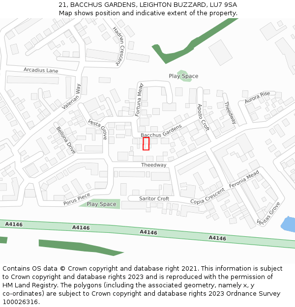 21, BACCHUS GARDENS, LEIGHTON BUZZARD, LU7 9SA: Location map and indicative extent of plot