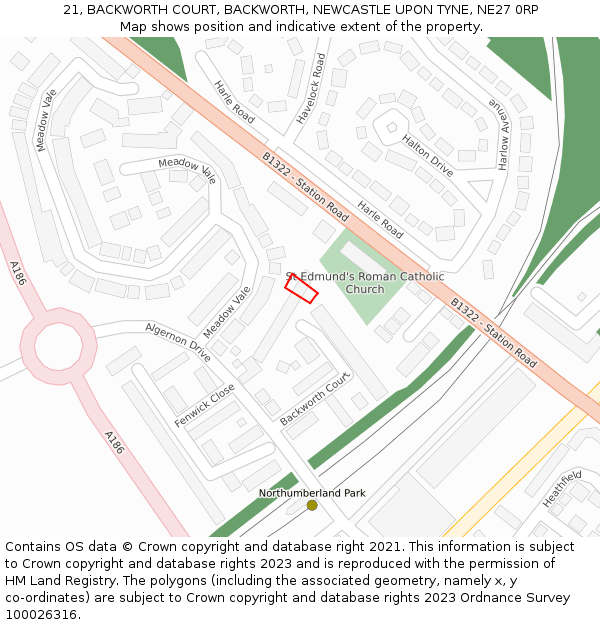 21, BACKWORTH COURT, BACKWORTH, NEWCASTLE UPON TYNE, NE27 0RP: Location map and indicative extent of plot