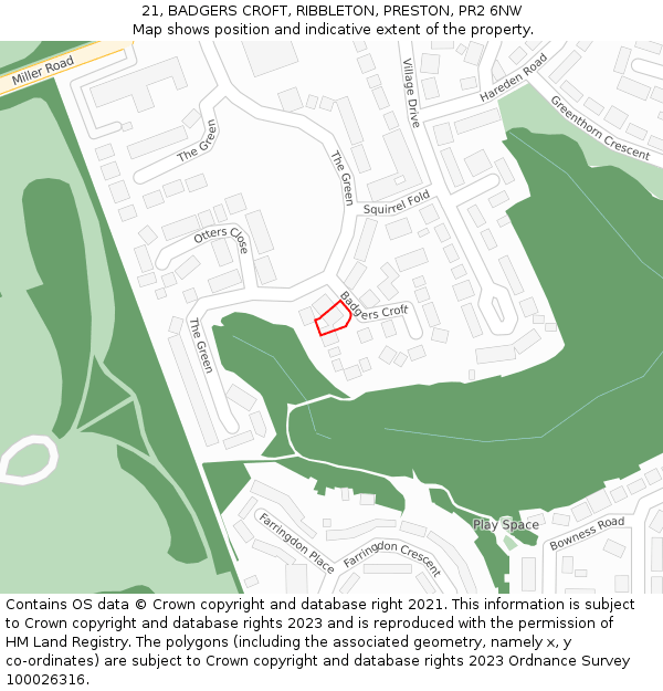 21, BADGERS CROFT, RIBBLETON, PRESTON, PR2 6NW: Location map and indicative extent of plot