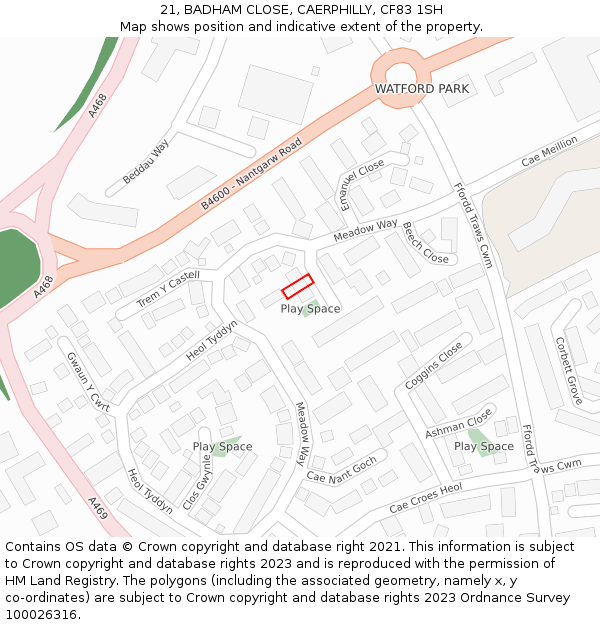 21, BADHAM CLOSE, CAERPHILLY, CF83 1SH: Location map and indicative extent of plot