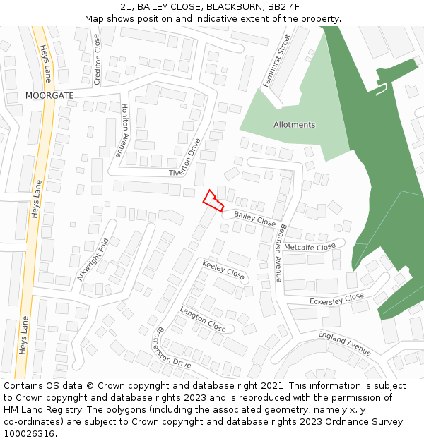 21, BAILEY CLOSE, BLACKBURN, BB2 4FT: Location map and indicative extent of plot