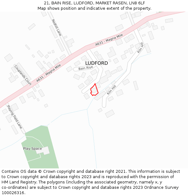 21, BAIN RISE, LUDFORD, MARKET RASEN, LN8 6LF: Location map and indicative extent of plot