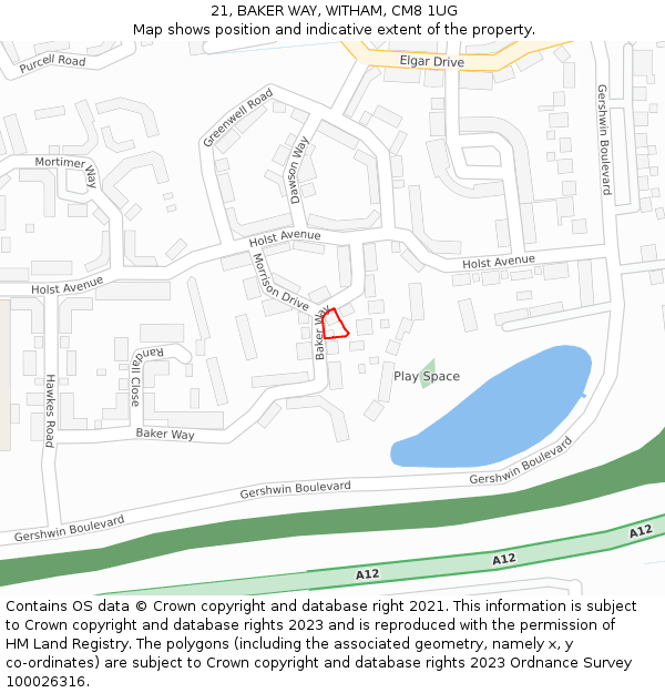 21, BAKER WAY, WITHAM, CM8 1UG: Location map and indicative extent of plot