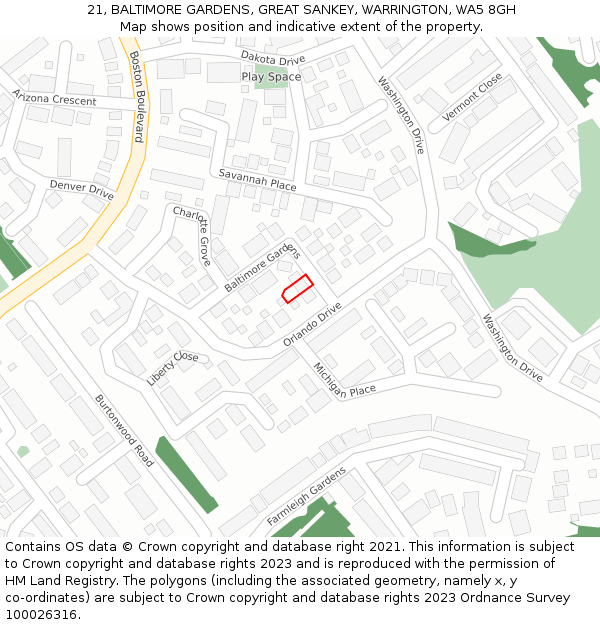 21, BALTIMORE GARDENS, GREAT SANKEY, WARRINGTON, WA5 8GH: Location map and indicative extent of plot