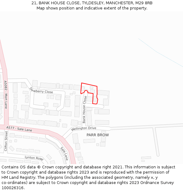 21, BANK HOUSE CLOSE, TYLDESLEY, MANCHESTER, M29 8RB: Location map and indicative extent of plot