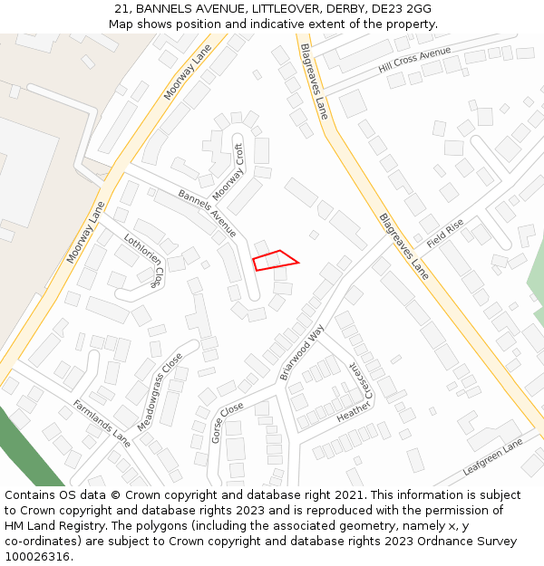 21, BANNELS AVENUE, LITTLEOVER, DERBY, DE23 2GG: Location map and indicative extent of plot