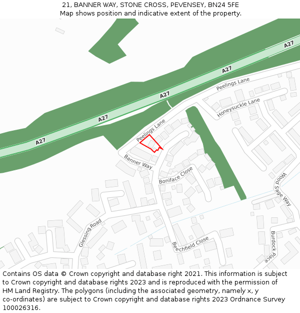 21, BANNER WAY, STONE CROSS, PEVENSEY, BN24 5FE: Location map and indicative extent of plot