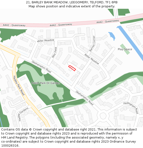 21, BARLEY BANK MEADOW, LEEGOMERY, TELFORD, TF1 6PB: Location map and indicative extent of plot