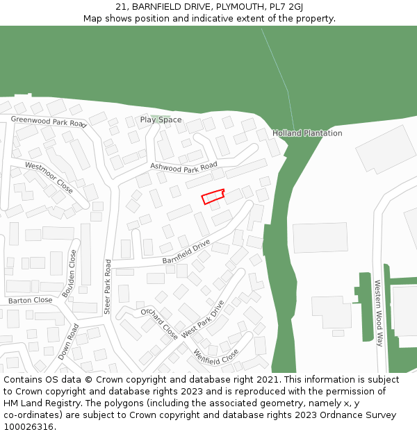 21, BARNFIELD DRIVE, PLYMOUTH, PL7 2GJ: Location map and indicative extent of plot