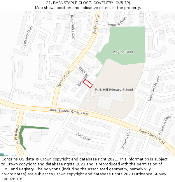 21, BARNSTAPLE CLOSE, COVENTRY, CV5 7PJ: Location map and indicative extent of plot