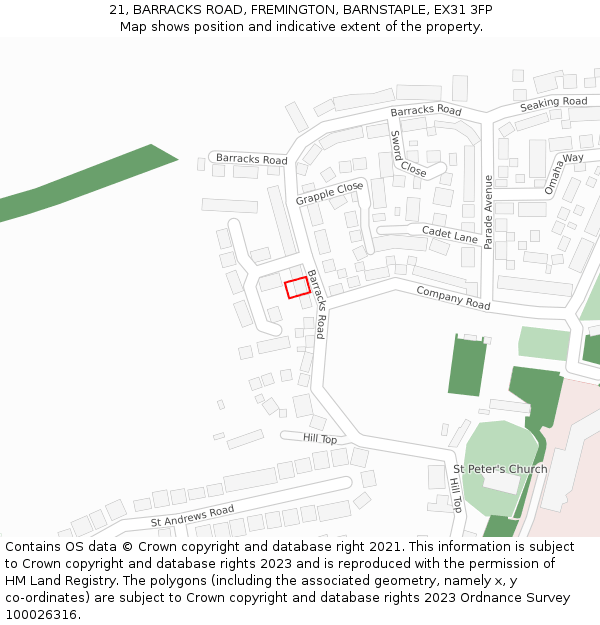 21, BARRACKS ROAD, FREMINGTON, BARNSTAPLE, EX31 3FP: Location map and indicative extent of plot