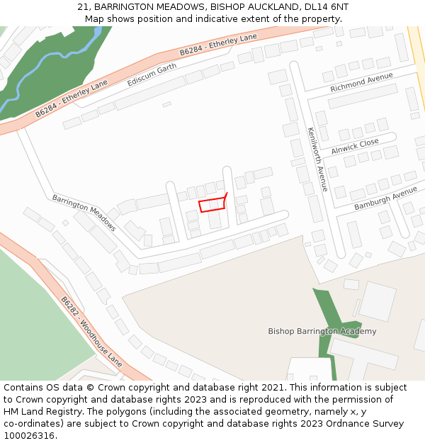 21, BARRINGTON MEADOWS, BISHOP AUCKLAND, DL14 6NT: Location map and indicative extent of plot