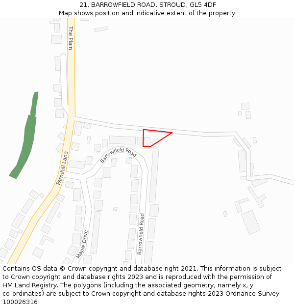 21, BARROWFIELD ROAD, STROUD, GL5 4DF: Location map and indicative extent of plot