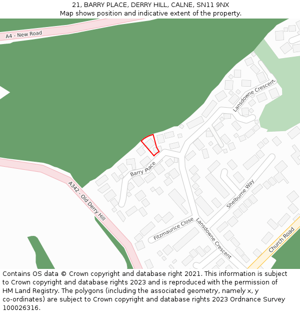 21, BARRY PLACE, DERRY HILL, CALNE, SN11 9NX: Location map and indicative extent of plot