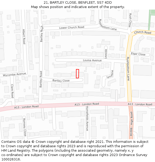 21, BARTLEY CLOSE, BENFLEET, SS7 4DD: Location map and indicative extent of plot