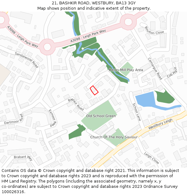 21, BASHKIR ROAD, WESTBURY, BA13 3GY: Location map and indicative extent of plot