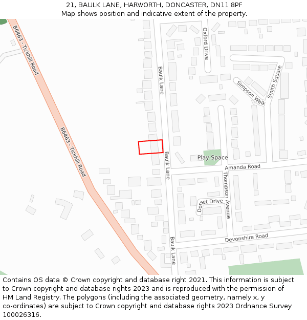 21, BAULK LANE, HARWORTH, DONCASTER, DN11 8PF: Location map and indicative extent of plot