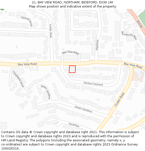 21, BAY VIEW ROAD, NORTHAM, BIDEFORD, EX39 1AY: Location map and indicative extent of plot