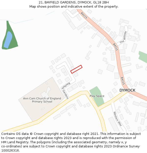 21, BAYFIELD GARDENS, DYMOCK, GL18 2BH: Location map and indicative extent of plot