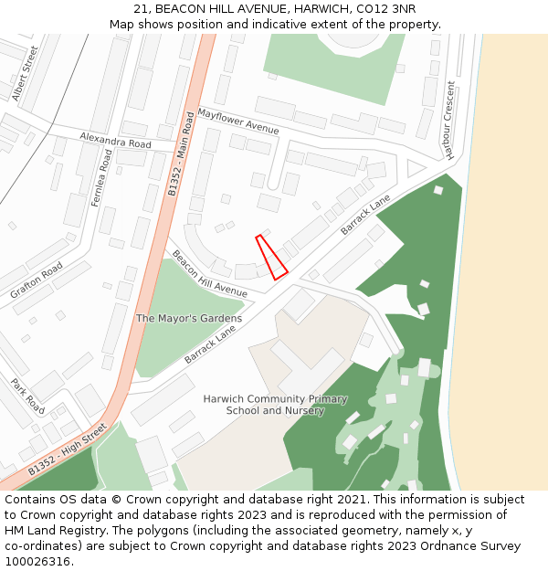 21, BEACON HILL AVENUE, HARWICH, CO12 3NR: Location map and indicative extent of plot