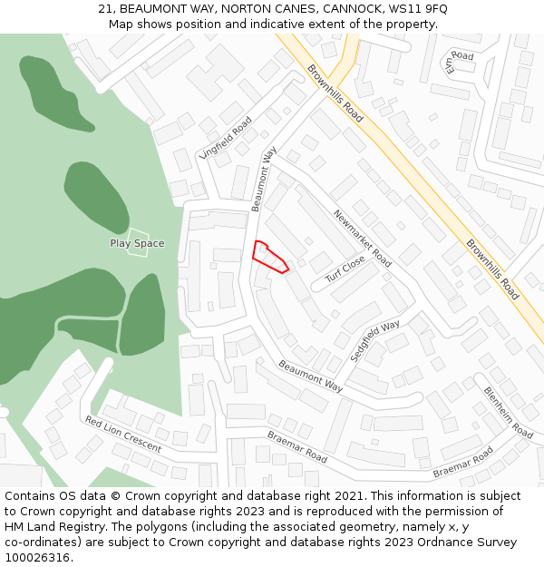 21, BEAUMONT WAY, NORTON CANES, CANNOCK, WS11 9FQ: Location map and indicative extent of plot